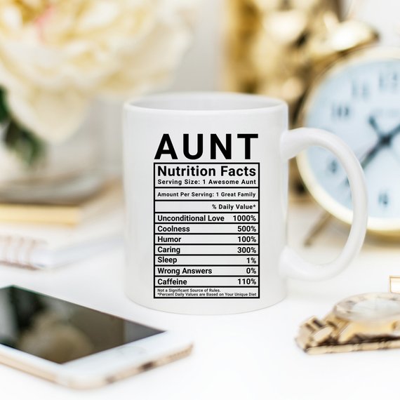 Aunt Nutritional Facts Funny Coffee Mug featuring humorous design with nutritional facts, crafted from high-quality ceramic, ideal for coffee or tea.