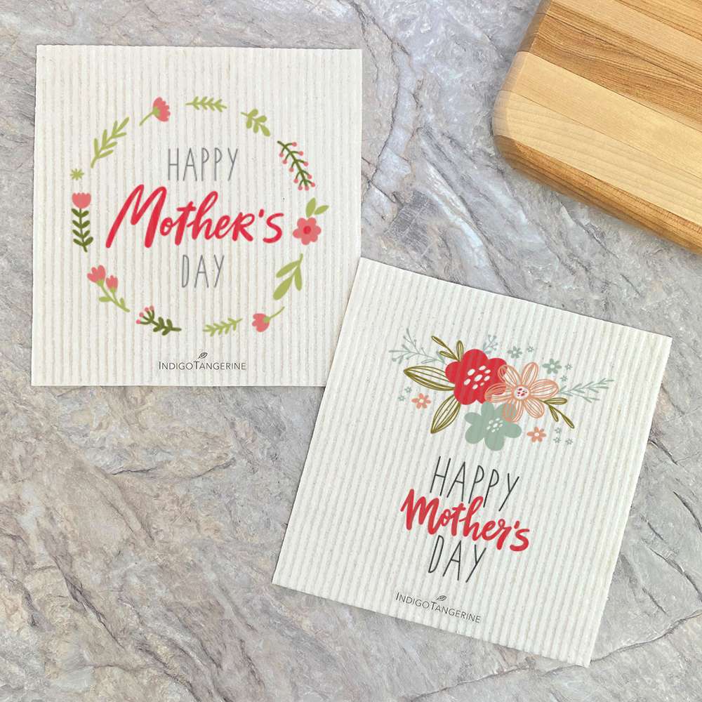 Two eco-friendly Swedish dish cloths with floral designs, perfect for Mother's Day cleaning.