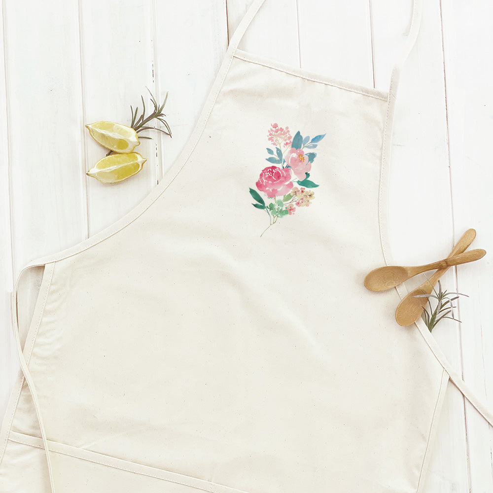 Mother's Love Flowers Women's Apron featuring elegant design, cotton canvas fabric, and divided front pocket.