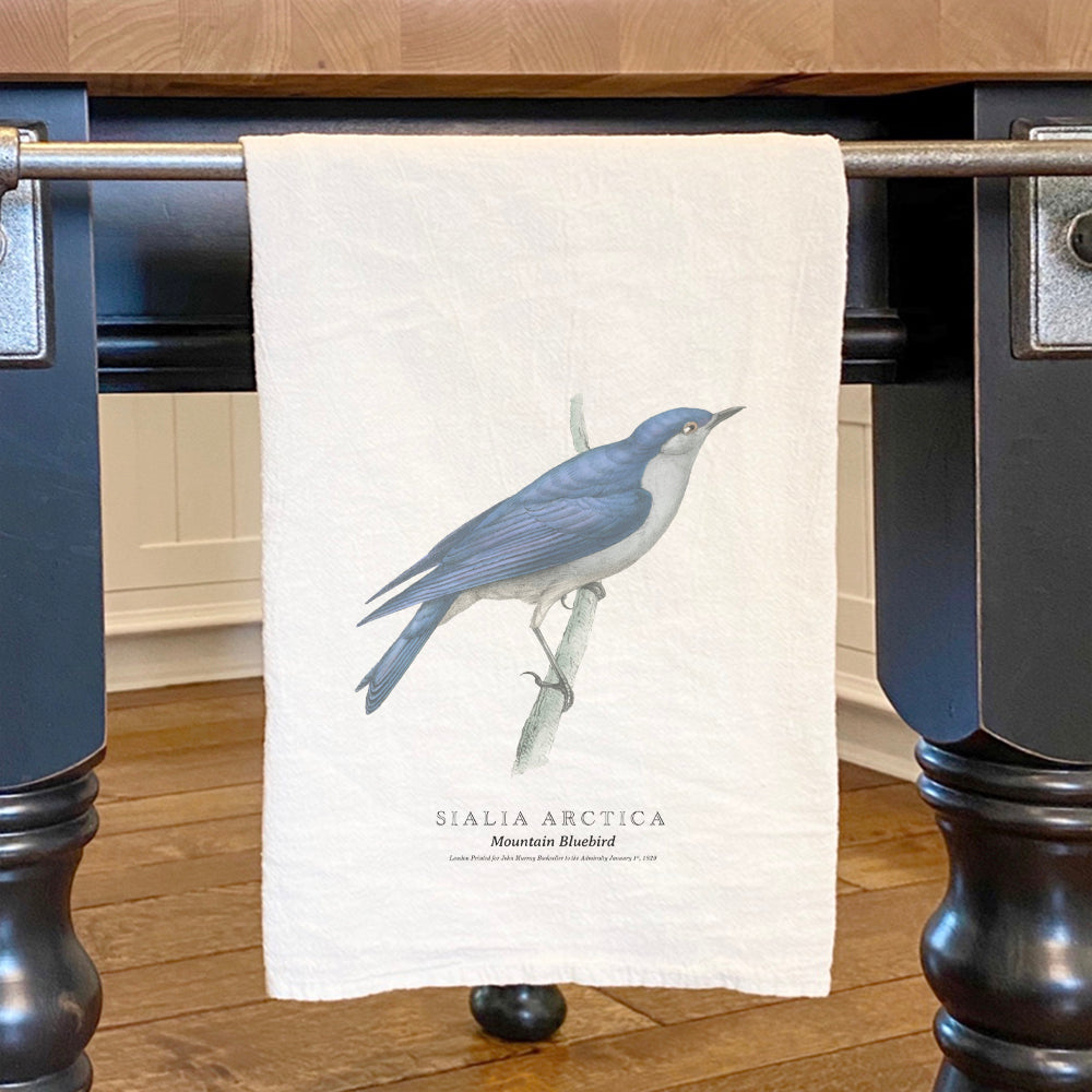 Mountain Bluebird Cotton Tea Towel featuring vibrant bluebird design on absorbent cotton fabric, perfect for kitchen use.