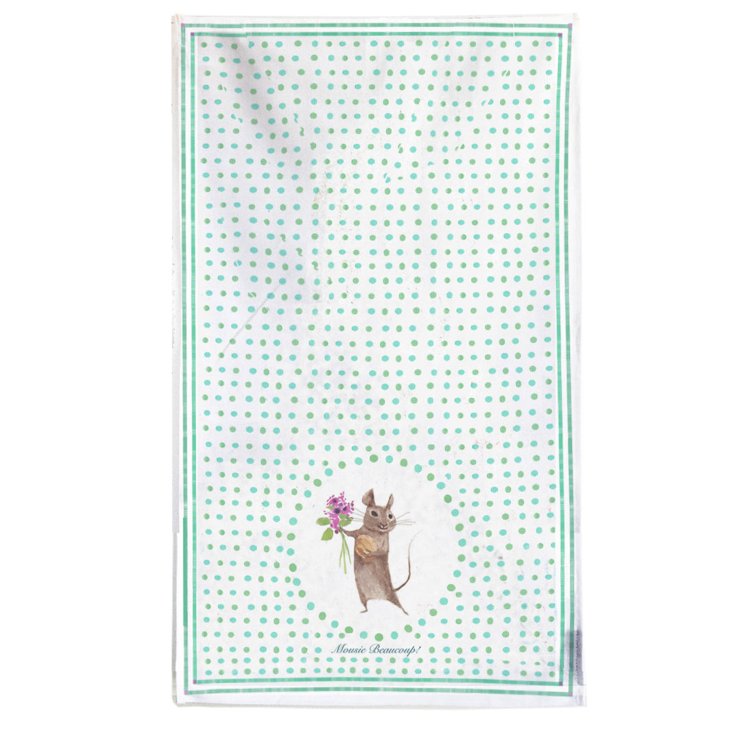 Mousie Beaucoup Tea Towel featuring a playful mouse design, hemmed edges, and a hanging loop, perfect for kitchen use.