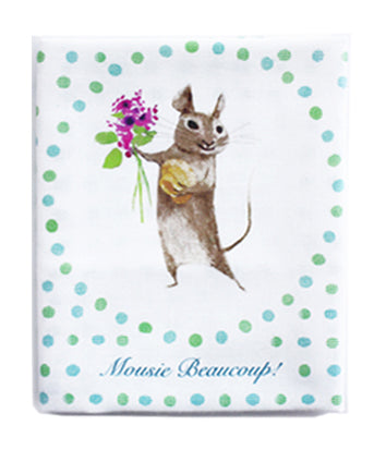 Mousie Beaucoup Tea Towel featuring a playful mouse design, hemmed edges, and a hanging loop, perfect for kitchen use.