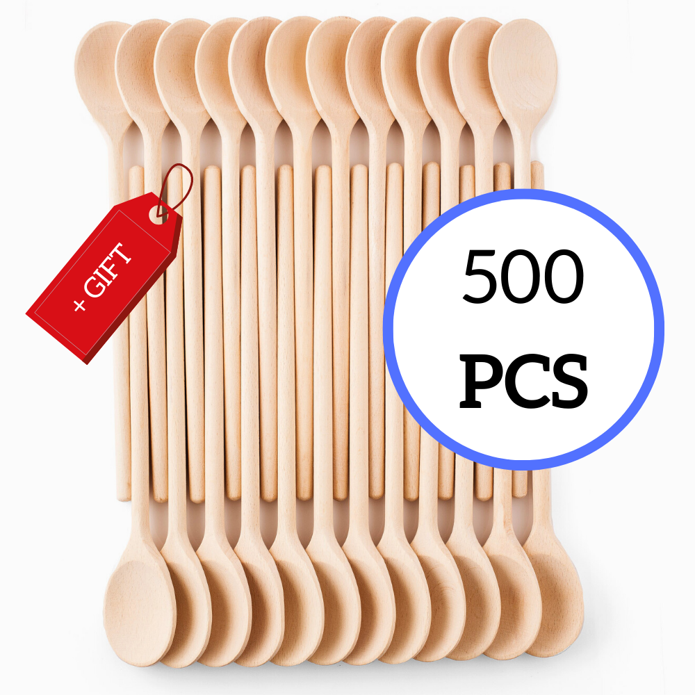 A bulk set of 500 Mr. Woodware craft wooden spoons, showcasing their smooth finish and sturdy design, ideal for crafting and cooking.