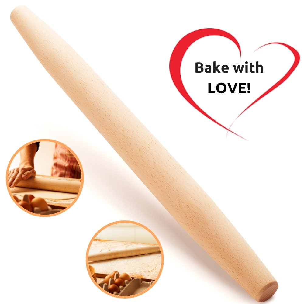 Mr. Woodware French Wooden Rolling Pin, 18 inches long, crafted from high-quality beech wood, ideal for rolling pizza and pastry dough.