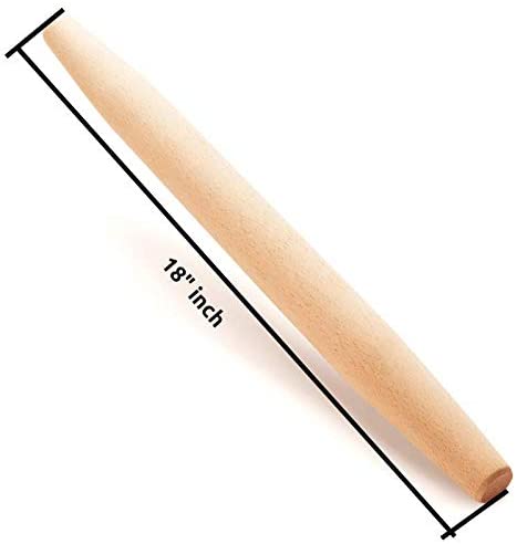 Mr. Woodware French Wooden Rolling Pin, 18 inches long, crafted from high-quality beech wood, ideal for rolling pizza and pastry dough.