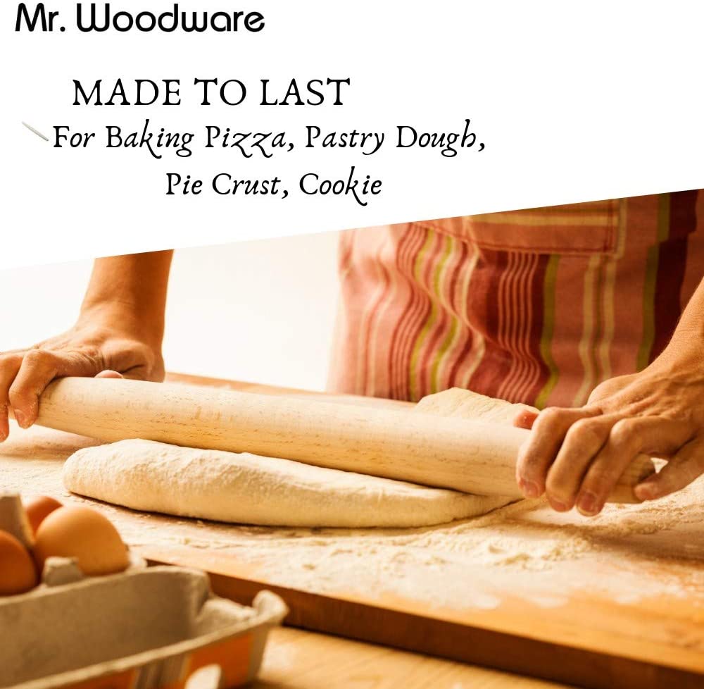 Mr. Woodware French Wooden Rolling Pin, 18 inches long, crafted from high-quality beech wood, ideal for rolling pizza and pastry dough.