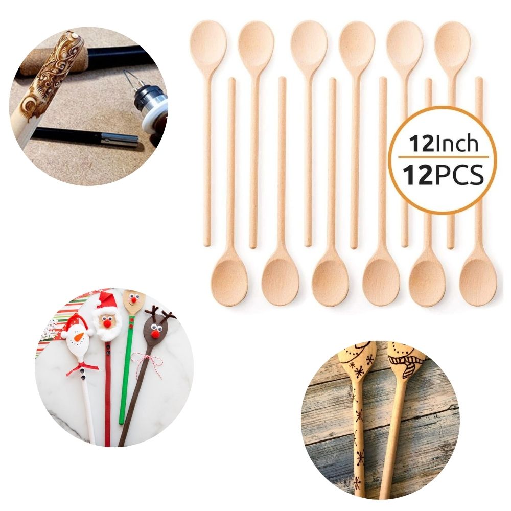 A set of 12 Mr. Woodware wooden kitchen spoons, each 12 inches long, showcasing their smooth finish and sturdy design, perfect for cooking and crafting.