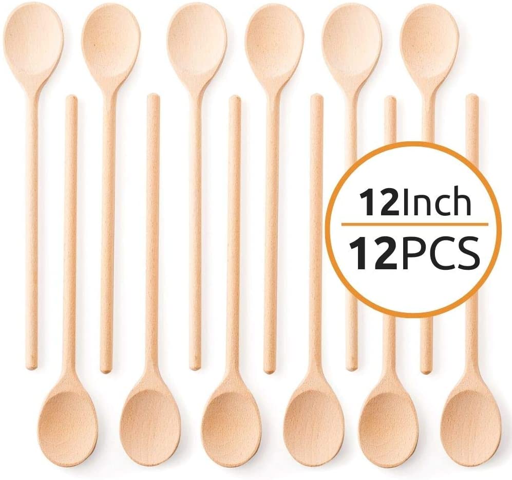 A set of 12 Mr. Woodware wooden kitchen spoons, each 12 inches long, showcasing their smooth finish and sturdy design, perfect for cooking and crafting.