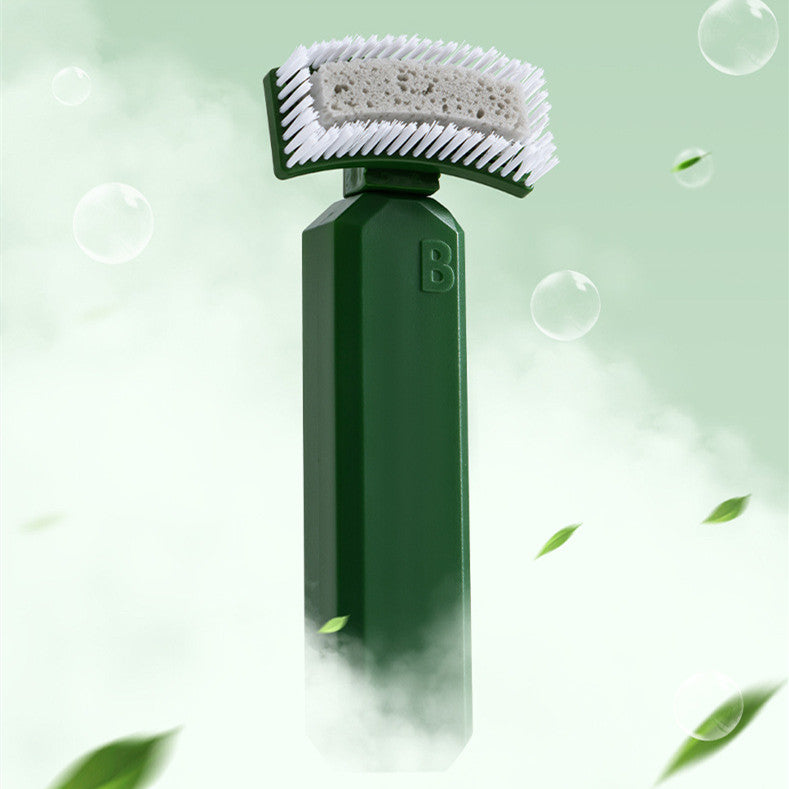 Multifunctional kitchen cleaning bottle brush with two brush heads, one sponge and one mesh cotton, in white and green colors.