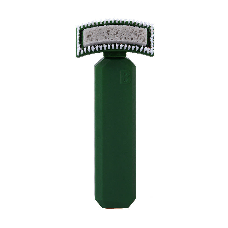 Multifunctional kitchen cleaning bottle brush with two brush heads, one sponge and one mesh cotton, in white and green colors.