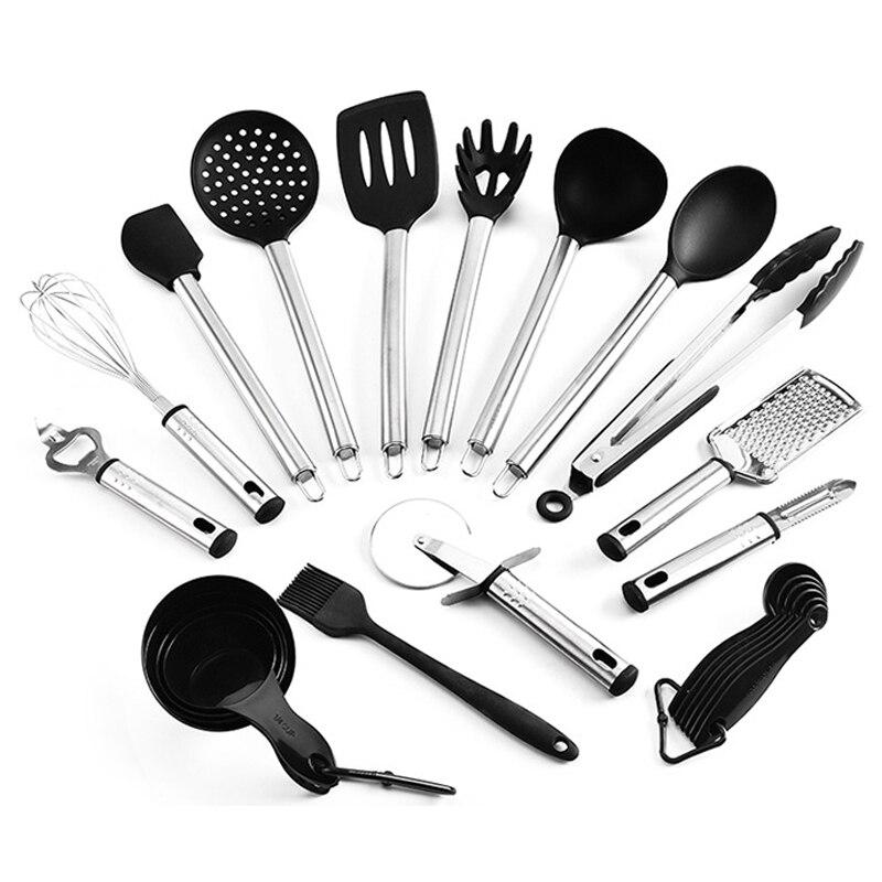 A complete 23-piece silicone kitchenware set featuring various utensils including a strainer, slotted turner, and measuring cups, all in vibrant colors.