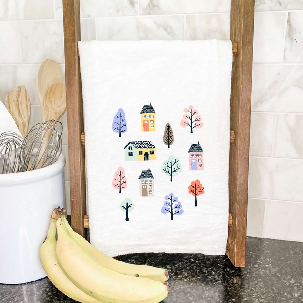 A vibrant Neighborhood Cotton Tea Towel featuring a beautiful design, made from 100% absorbent cotton, measuring 27 inches square.