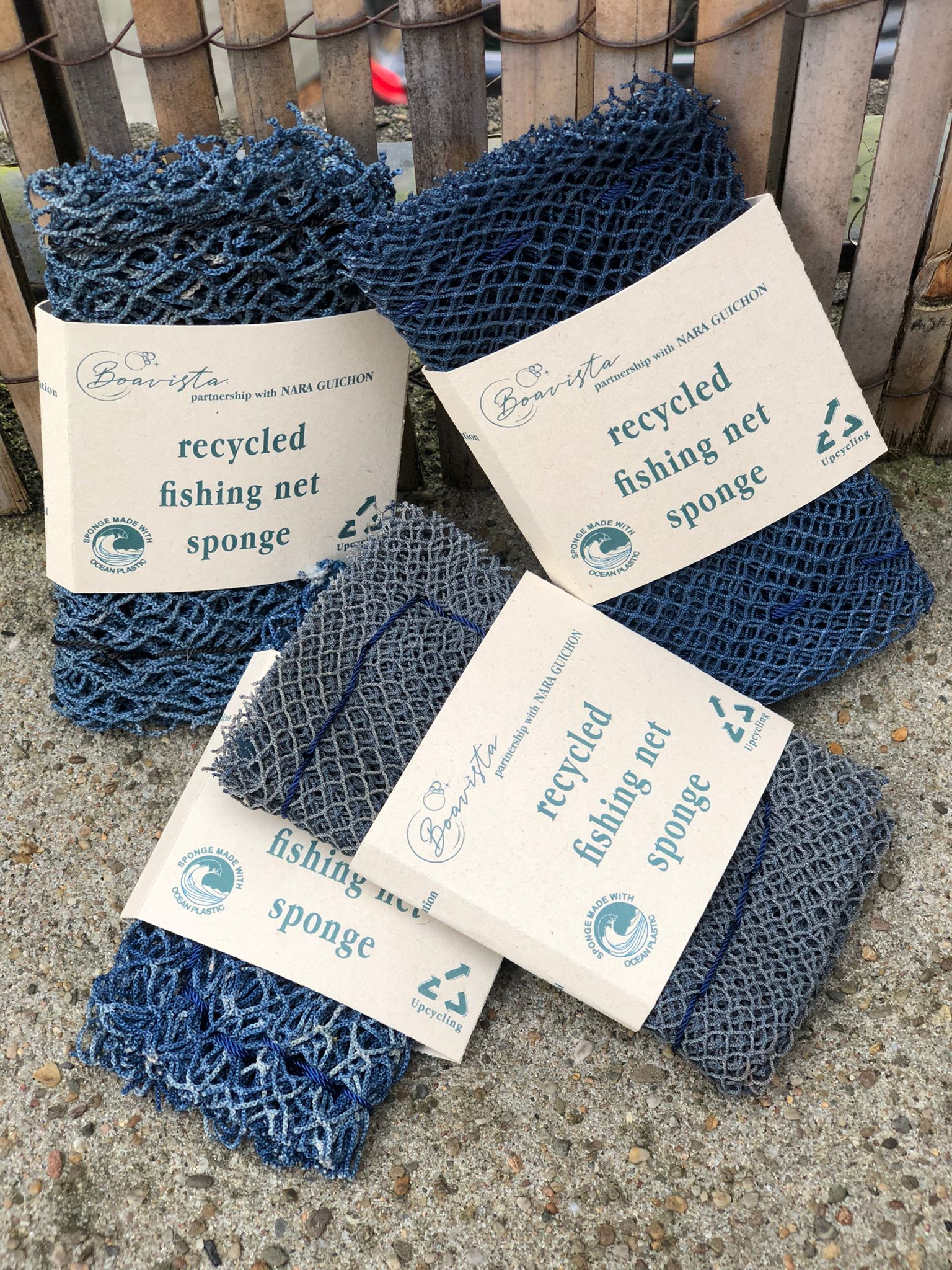 Ocean Saver Scrubber/Sponge made from recycled fishing nets, showcasing its unique texture and handcrafted design.