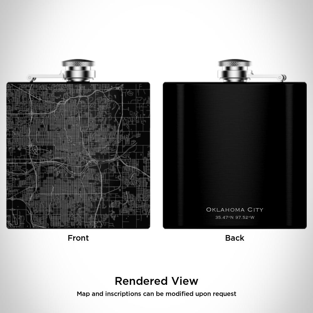 Matte black hip flask featuring a custom engraved map of Oklahoma City with coordinates, accompanied by a canvas bag and funnel.