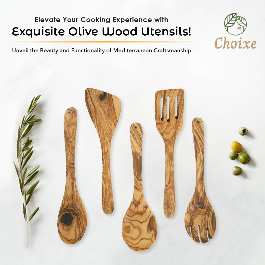 Five-piece olive wood kitchen utensil set including a sauce spoon, spoon, spork, cooking spoon, and spatula, showcasing their hand-carved details.