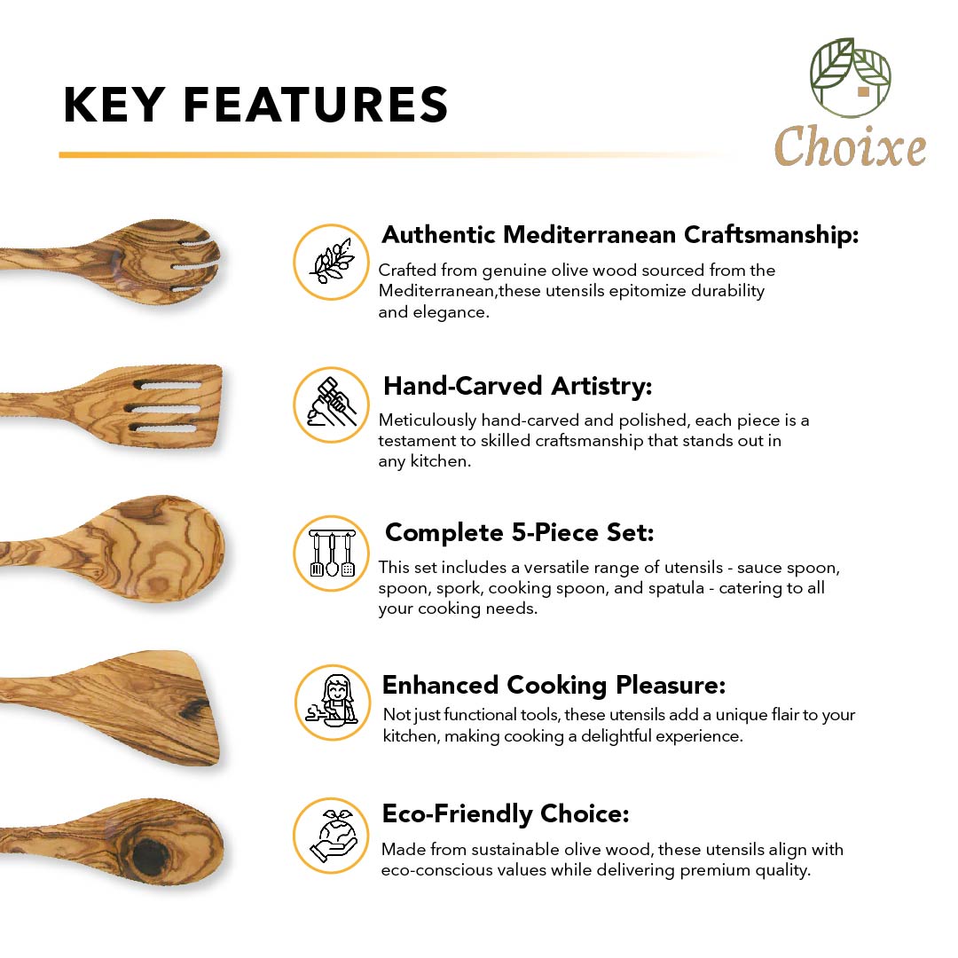 Five-piece olive wood kitchen utensil set including a sauce spoon, spoon, spork, cooking spoon, and spatula, showcasing their hand-carved details.