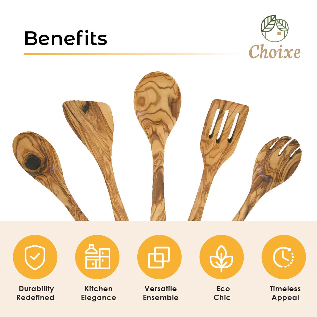 Five-piece olive wood kitchen utensil set including a sauce spoon, spoon, spork, cooking spoon, and spatula, showcasing their hand-carved details.