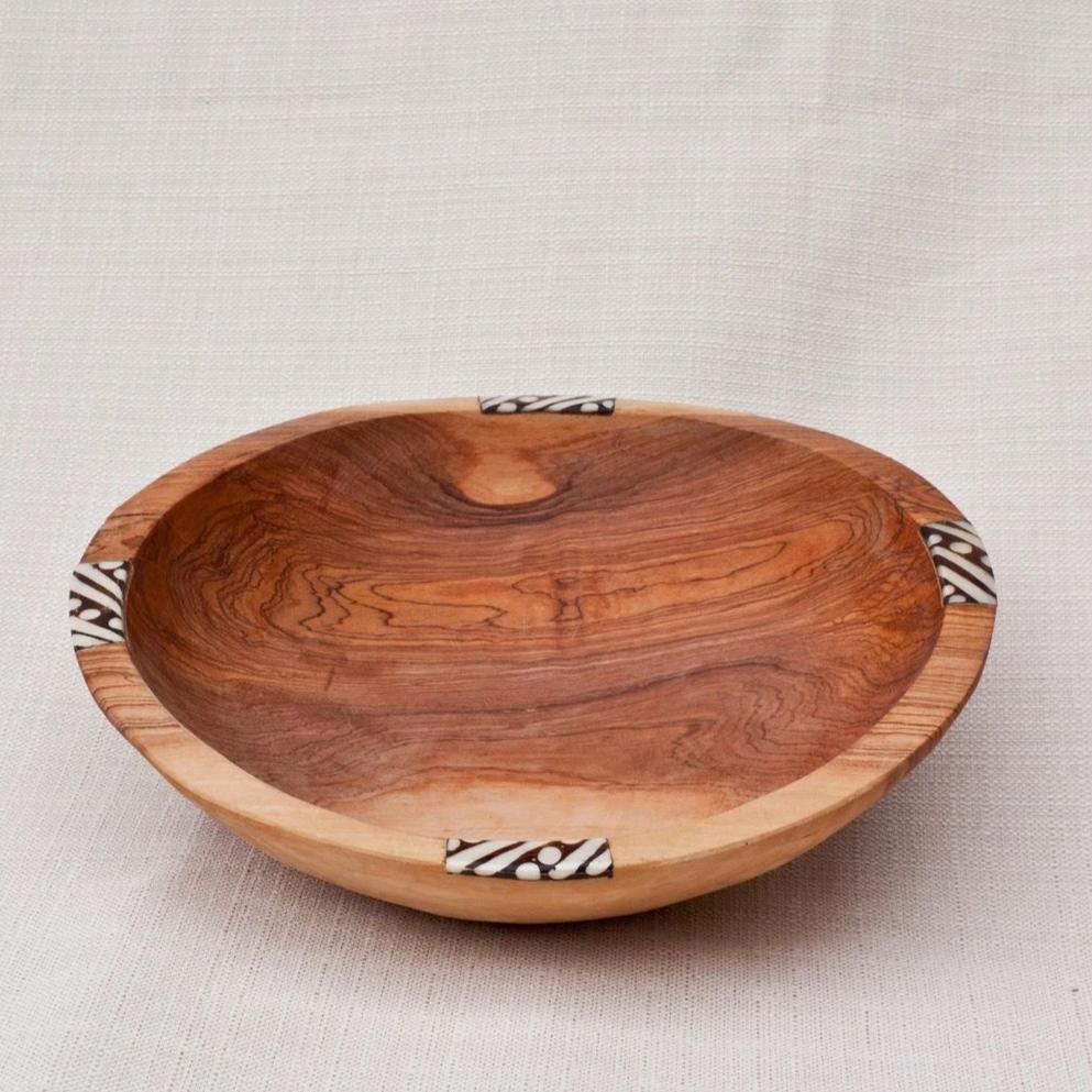 Handmade Olivewood Salad and Fruit Bowl with Cow Bone inlay, showcasing unique grain patterns and ethnic design.