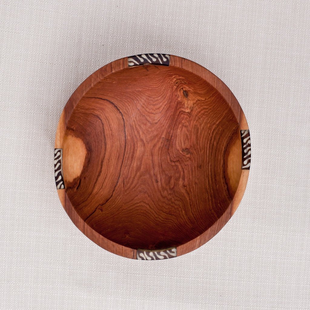 Handmade Olivewood Salad and Fruit Bowl with Cow Bone inlay, showcasing unique grain patterns and ethnic design.