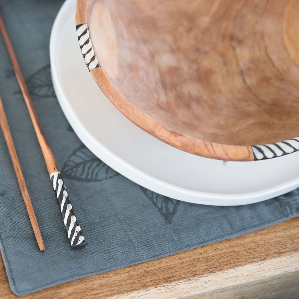 Handmade Olivewood Salad and Fruit Bowl with Cow Bone inlay, showcasing unique grain patterns and ethnic design.