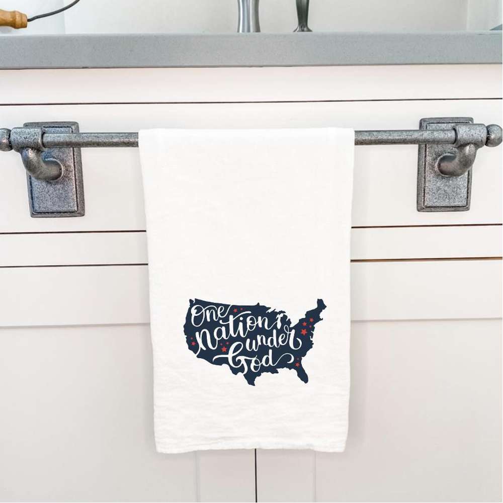 One Nation Under God cotton tea towel featuring a vibrant design, made from 100% absorbent cotton, perfect for kitchen use.