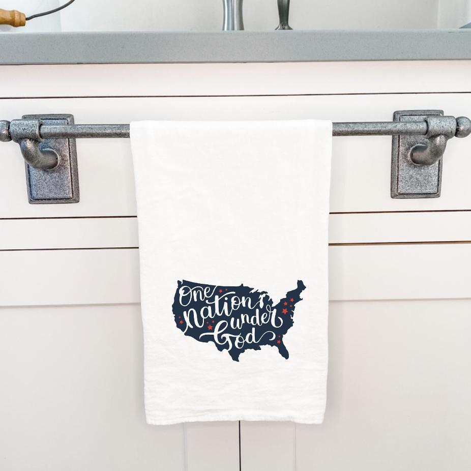 One Nation Under God cotton tea towel featuring a vibrant design, made from 100% absorbent cotton, perfect for kitchen use.