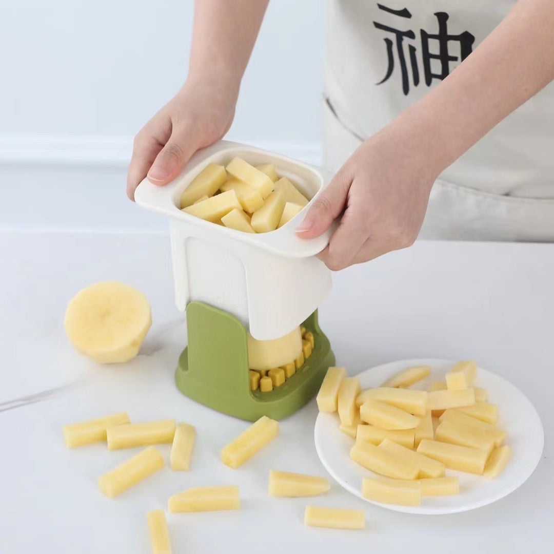 Onion Dicing Artifact, a multifunctional vegetable cutter in yellow and white, designed for easy slicing of onions, carrots, and French fries.