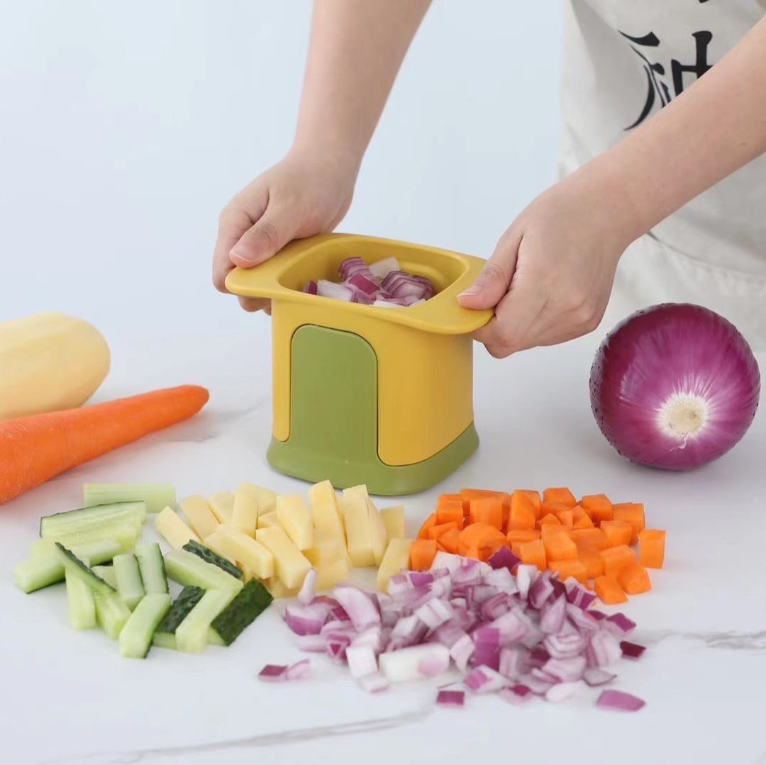 Onion Dicing Artifact, a multifunctional vegetable cutter in yellow and white, designed for easy slicing of onions, carrots, and French fries.