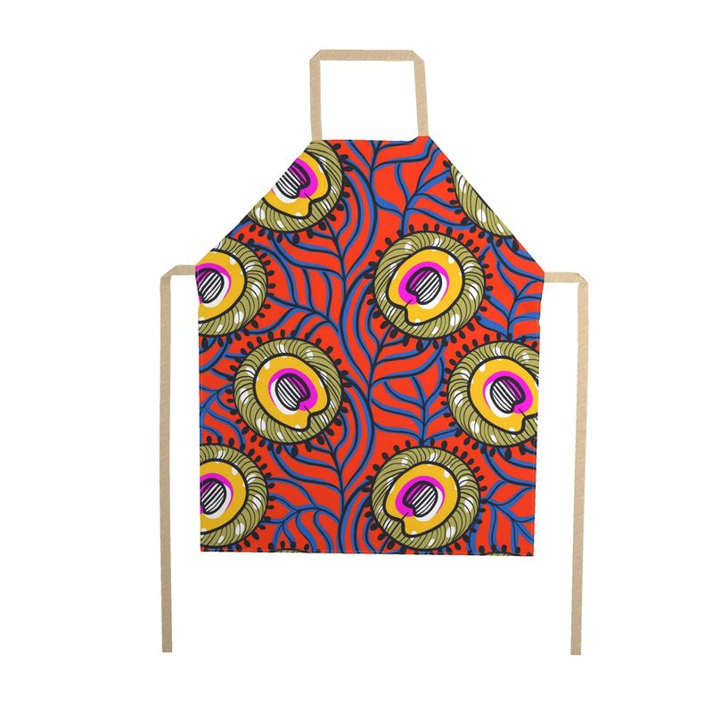 Vibrant Orange & Green Ankara Print apron with adjustable straps, showcasing a bold design without pockets.