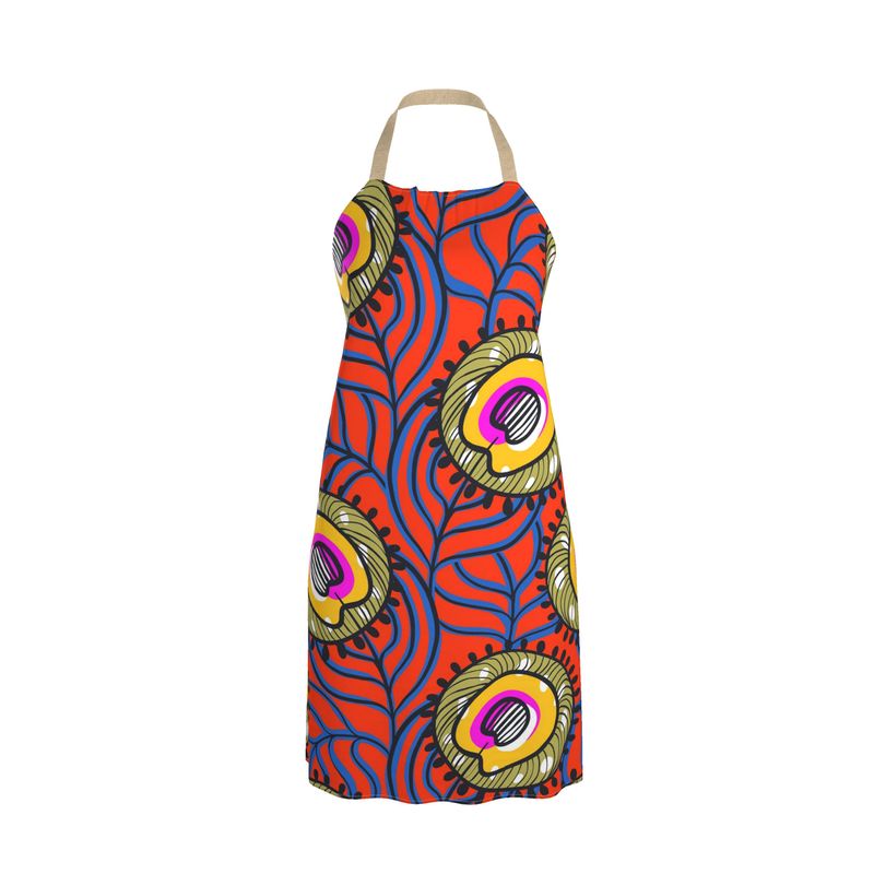 Vibrant Orange & Green Ankara Print apron with adjustable straps, showcasing a bold design without pockets.