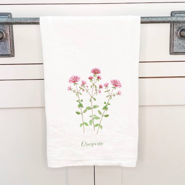 Oregano Cotton Tea Towel featuring vibrant design and hemmed edges, perfect for kitchen use.