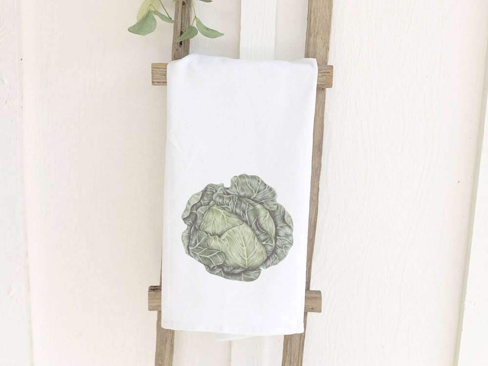 Organic Cabbage Cotton Tea Towel featuring vibrant green cabbage design on absorbent fabric, perfect for kitchen use.