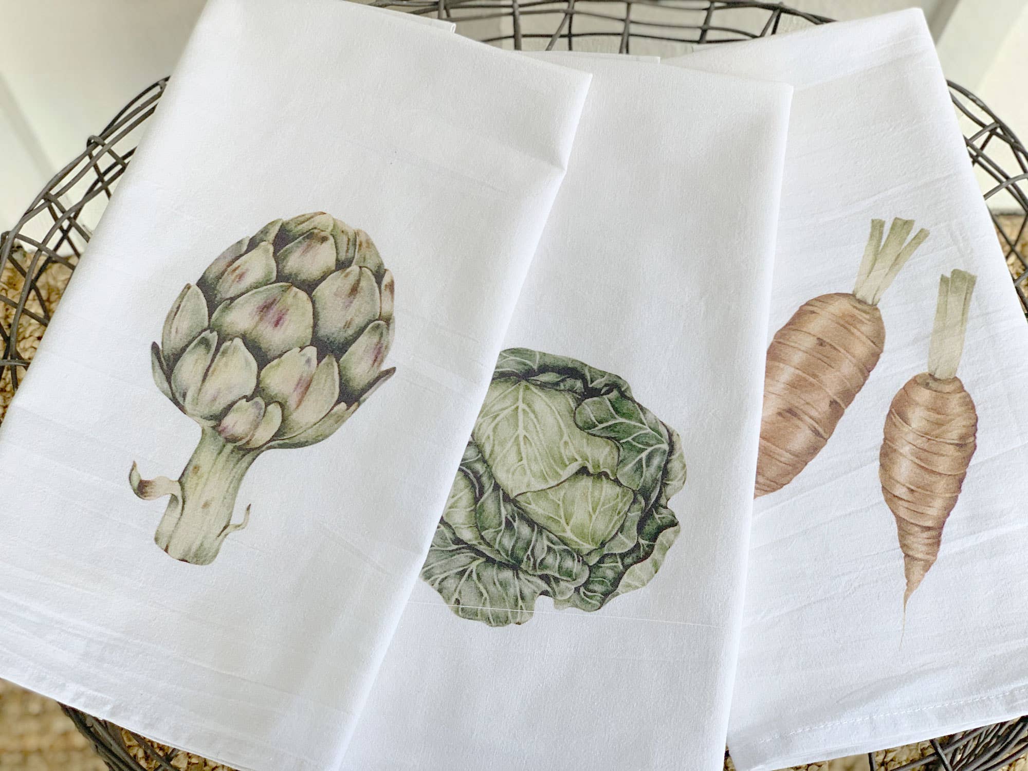 Organic Cabbage Cotton Tea Towel featuring vibrant green cabbage design on absorbent fabric, perfect for kitchen use.