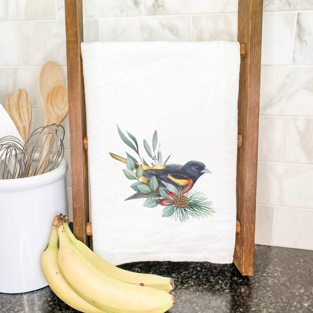 Oriole Cotton Tea Towel featuring vibrant fall bird design, made from 100% absorbent cotton.