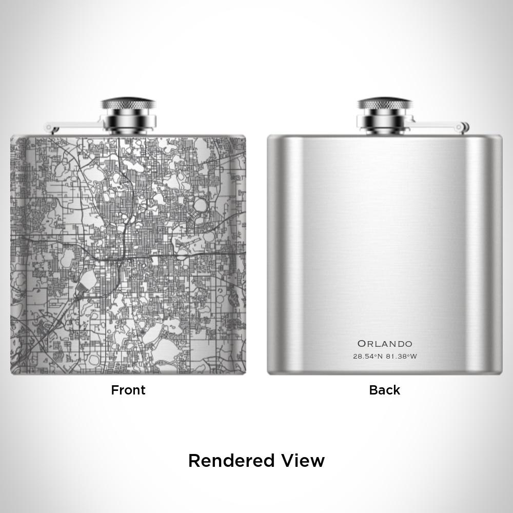 Custom engraved 6oz hip flask featuring a detailed map of Orlando, Florida with coordinates, accompanied by a canvas bag and funnel.