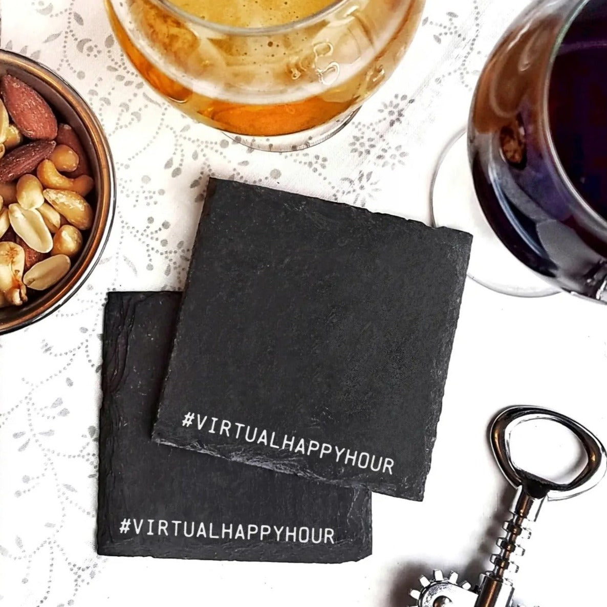 Premium artisan crafted slate coaster with leveled cork feet, perfect for protecting surfaces while enjoying drinks.