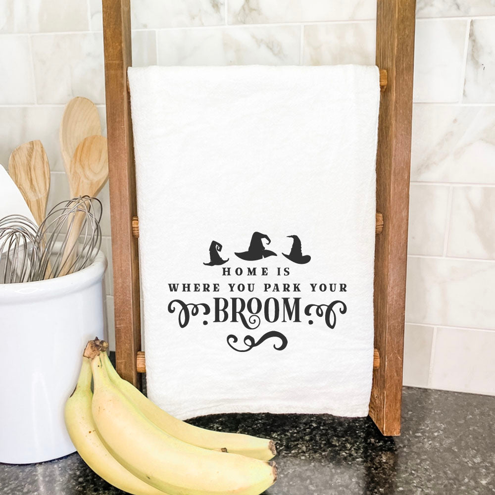 Park Your Broom cotton tea towel featuring a vibrant design, perfect for kitchen use.