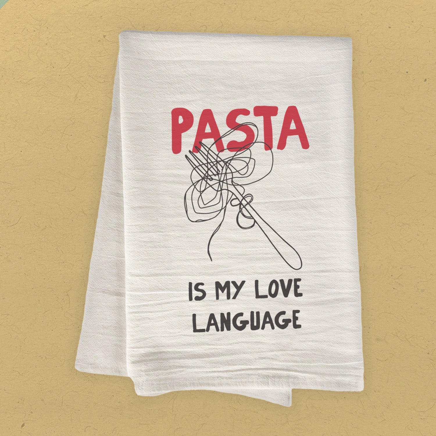 Cotton tea towel featuring the phrase 'Pasta Is My Love Language' with a vibrant pasta-themed design, perfect for kitchen use.