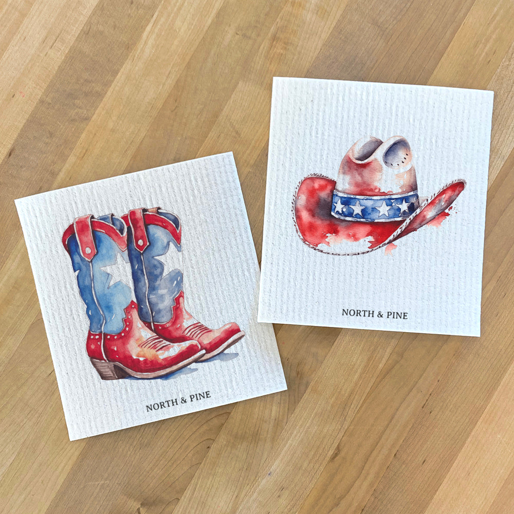 Patriotic Swedish dish cloth featuring cowboy boots and hat design, eco-friendly and reusable.