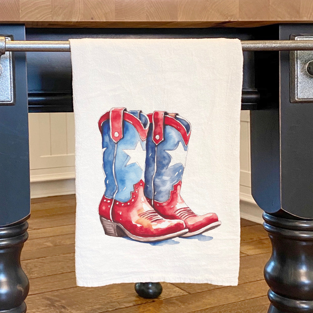 Patriotic Cowboy Boots cotton tea towel featuring vibrant colors and a unique design, perfect for kitchen use.