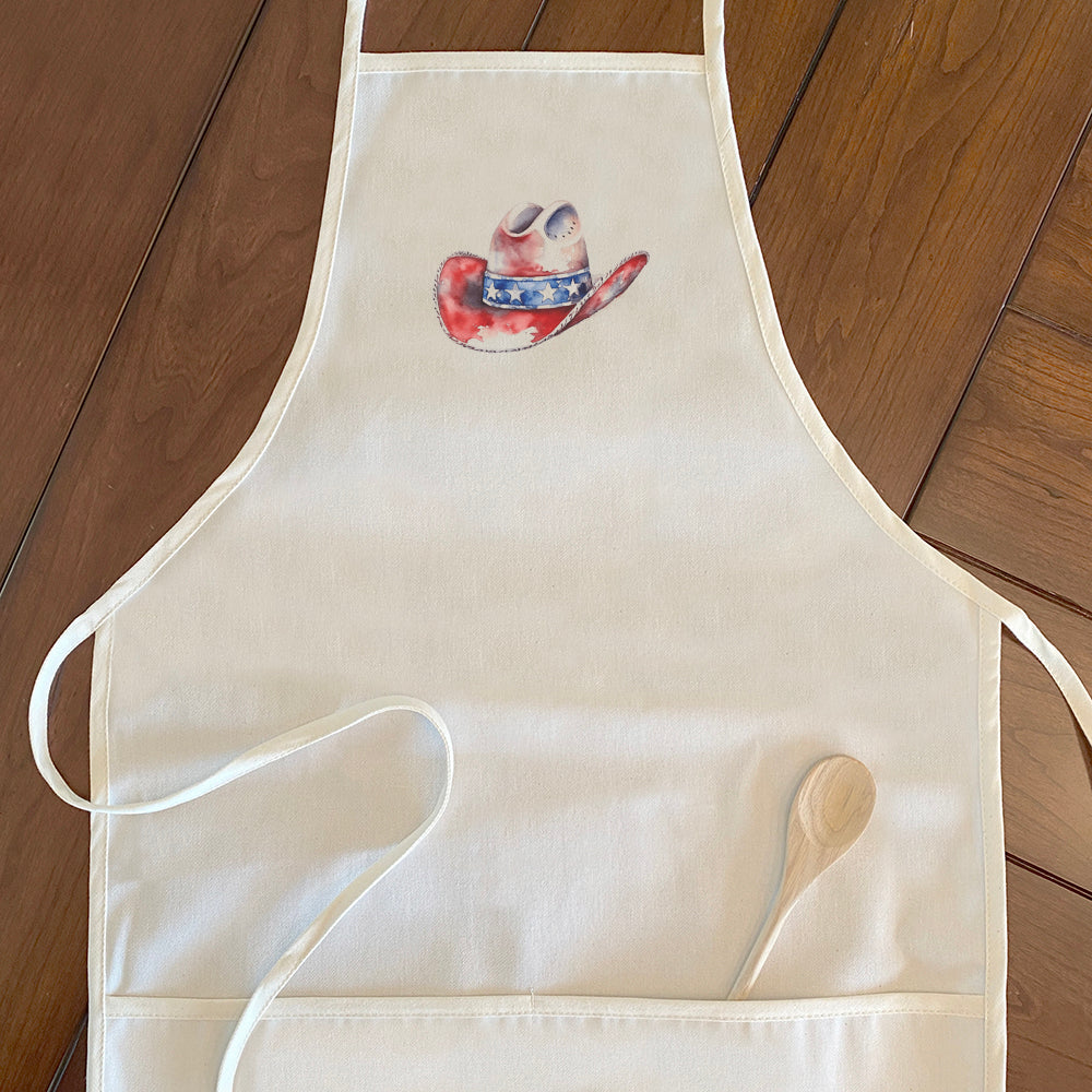 A stylish women's apron featuring a patriotic cowboy hat design, made from durable cotton canvas with adjustable neck and twill ties.