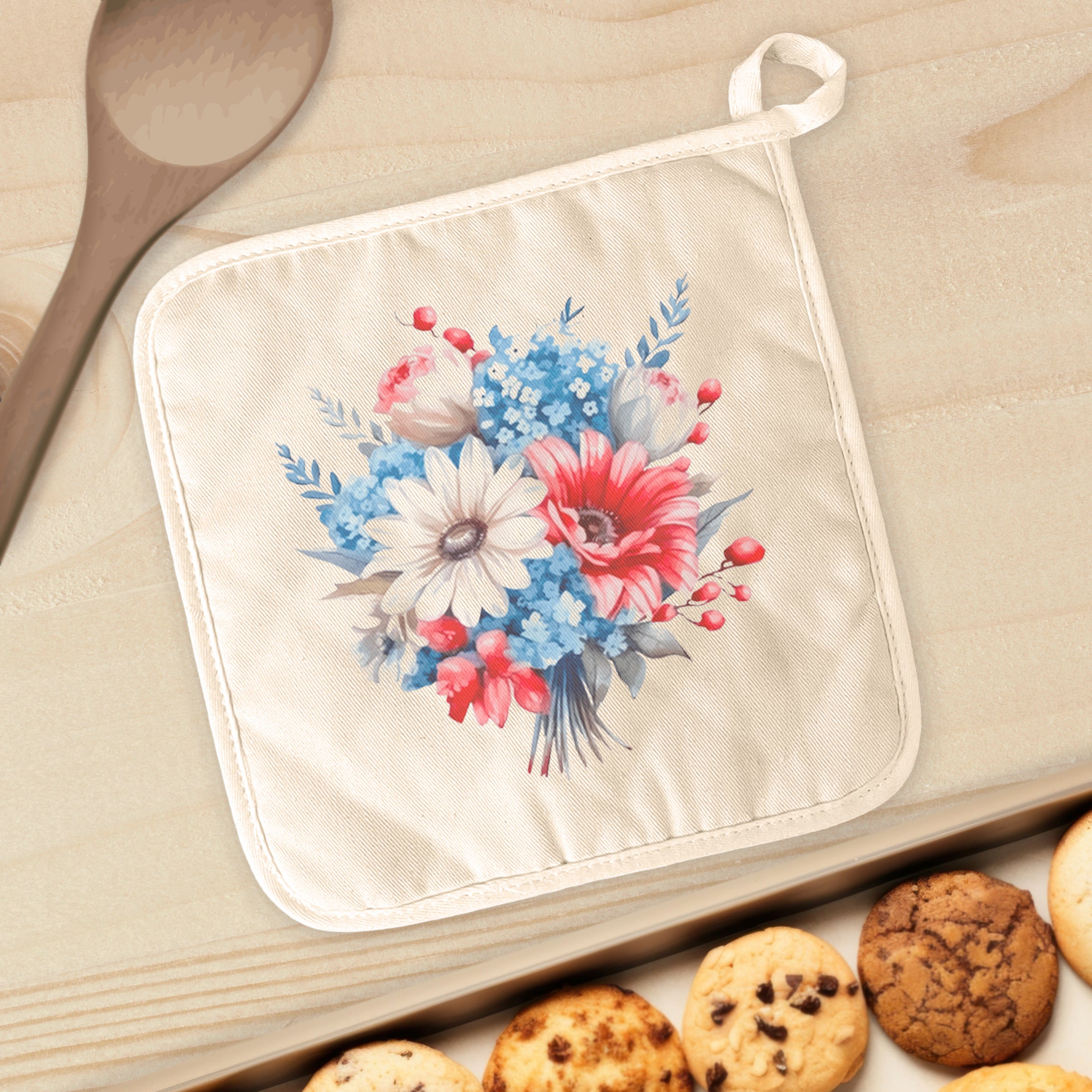 Patriotic Daisy Bouquet cotton pot holder featuring vibrant daisy design, quilted terry cloth, and convenient hanging loop.