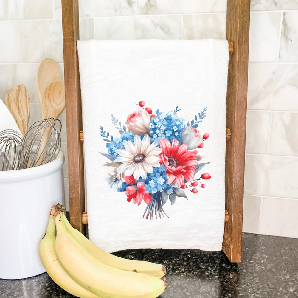 Patriotic Daisy Bouquet cotton tea towel featuring vibrant floral design, hemmed edges, and absorbent fabric.