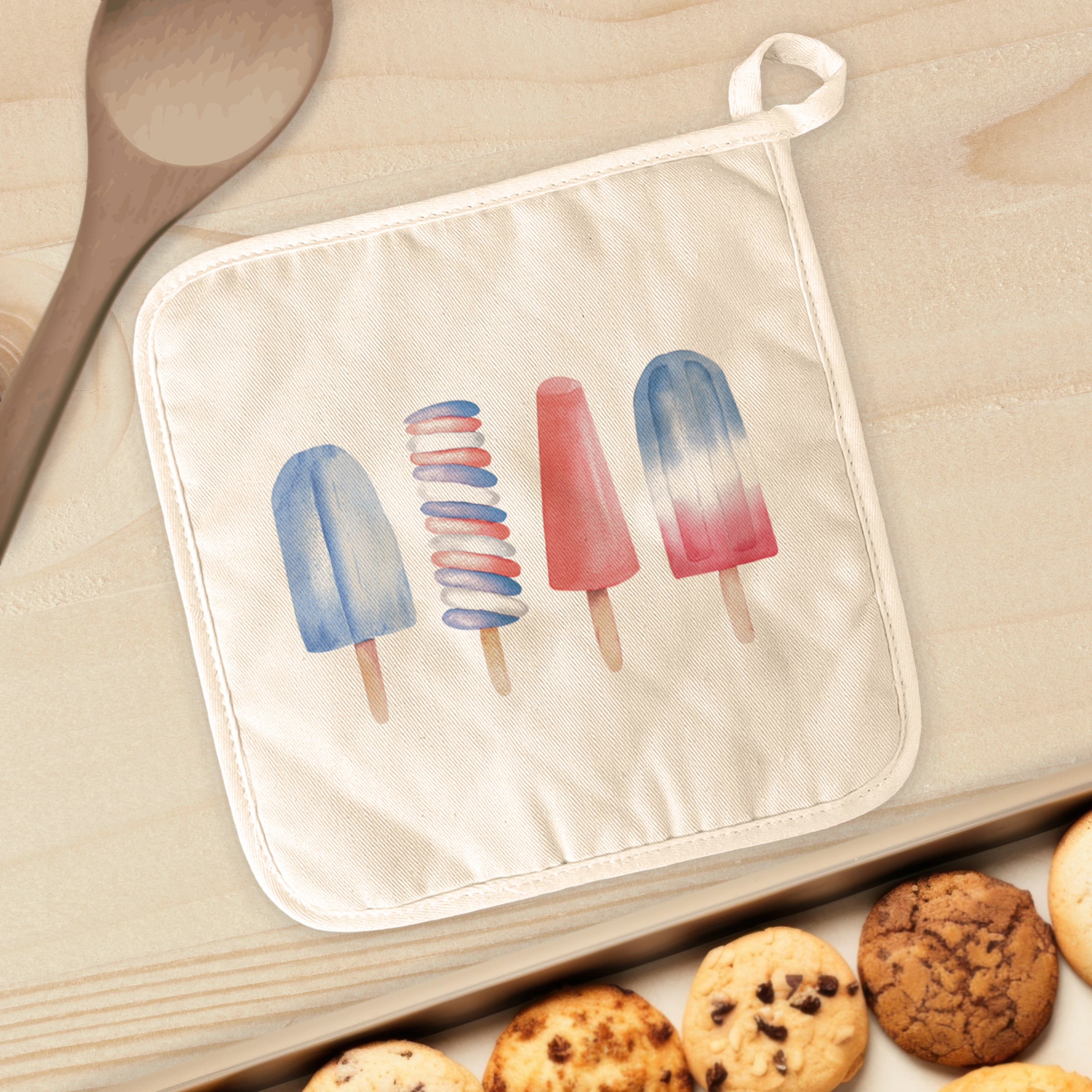 Patriotic Popsicle Cotton Pot Holder featuring vibrant colors and a quilted design, perfect for protecting surfaces from hot cookware.