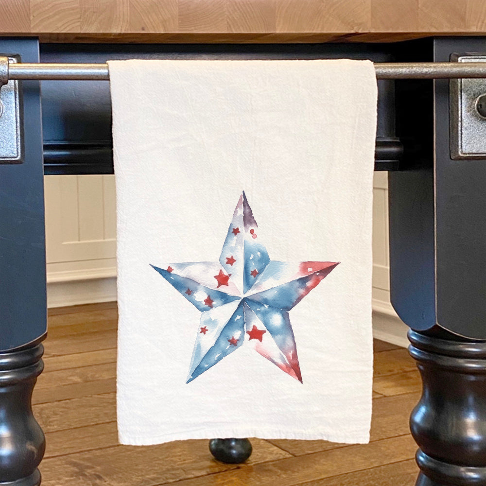 Patriotic Star Cotton Tea Towel featuring vibrant colors and a star design, perfect for kitchen use.