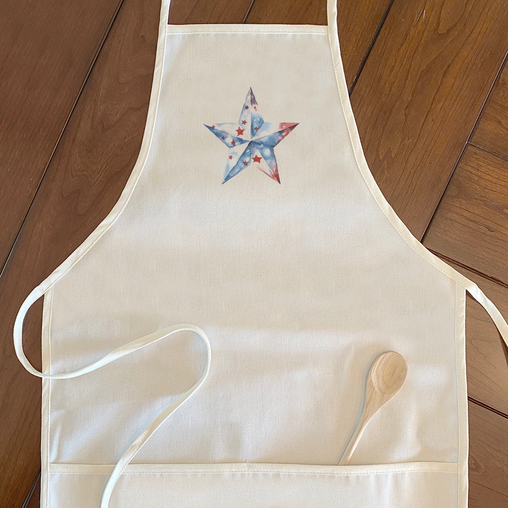 Patriotic Star Women's Apron featuring a stylish design with a divided front pocket and adjustable neck strap, made from durable cotton canvas.