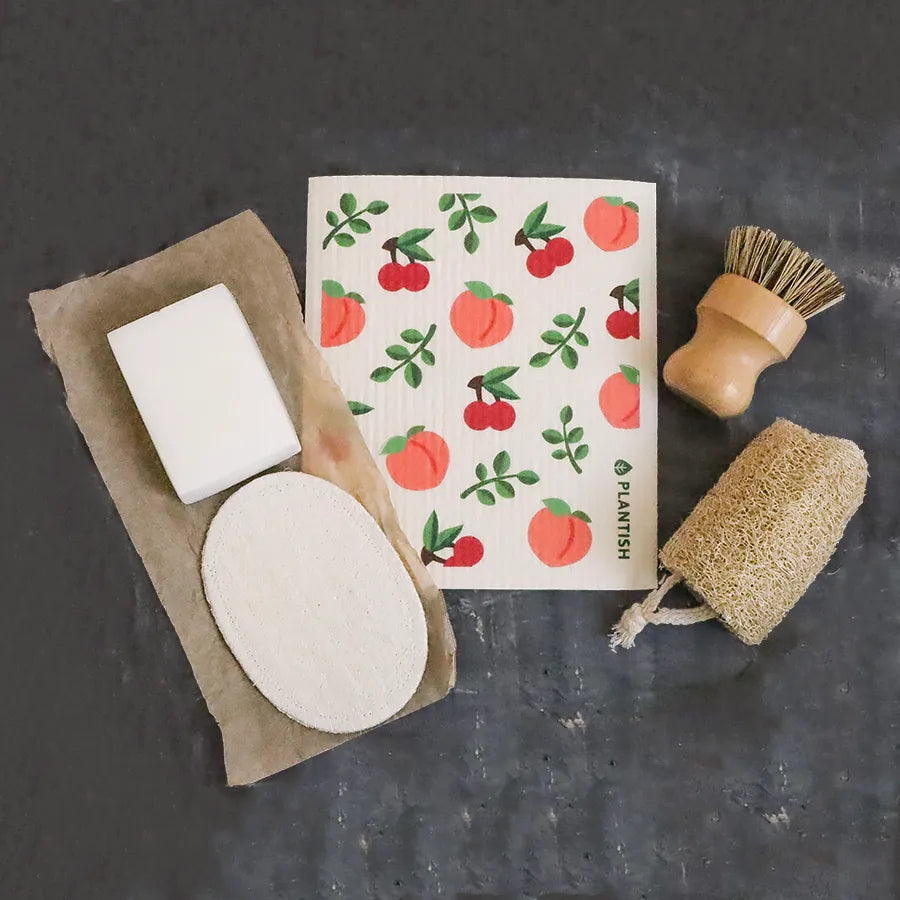 Peach Swedish Sponge Cloth with playful peach design, ideal for eco-friendly cleaning.