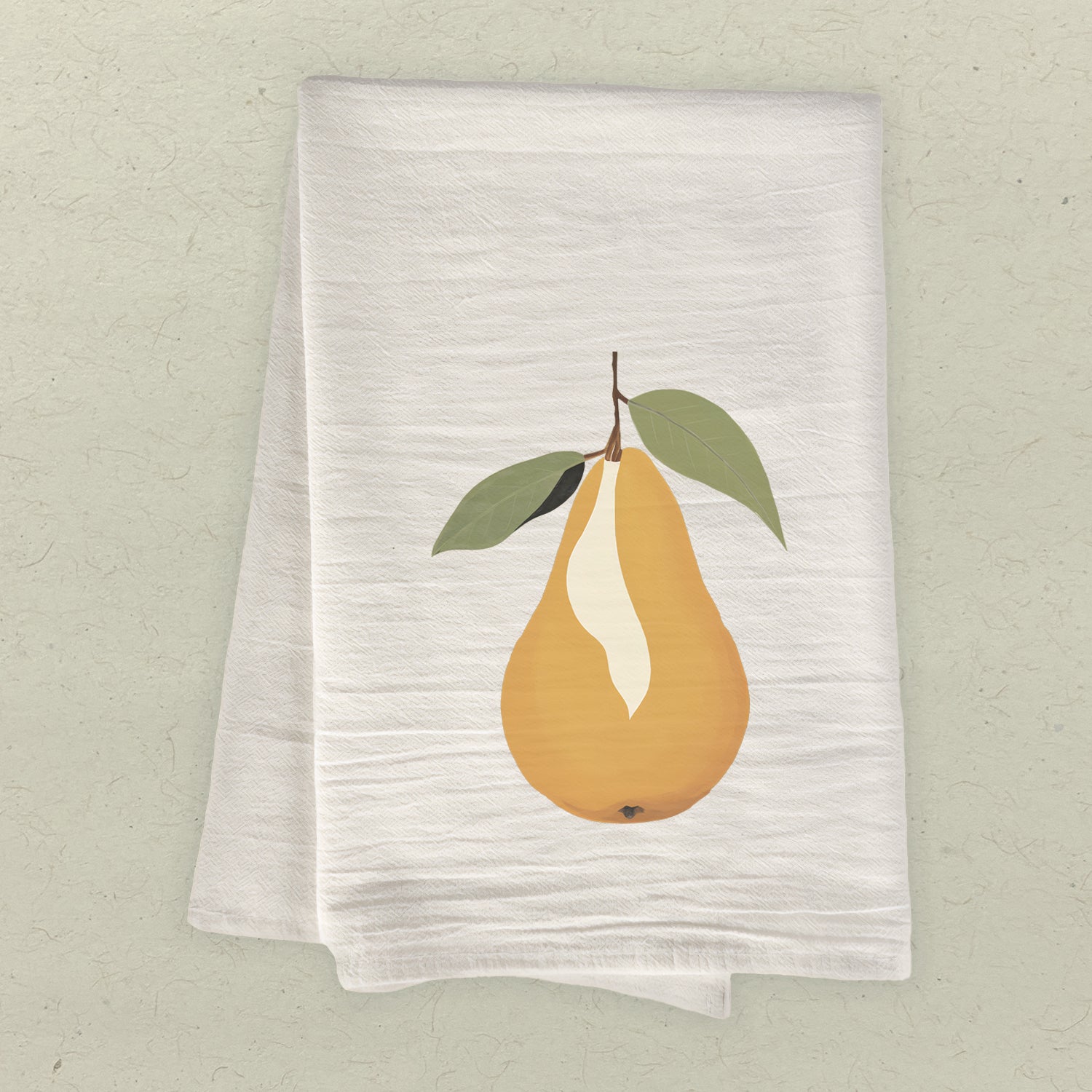 A vibrant cotton tea towel featuring a beautiful pear design, perfect for kitchen use.