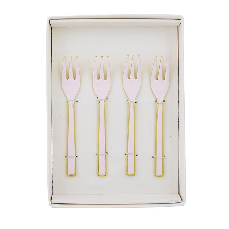 Set of 4 pink enamel dessert forks with gold edging, elegantly displayed in a gift box.