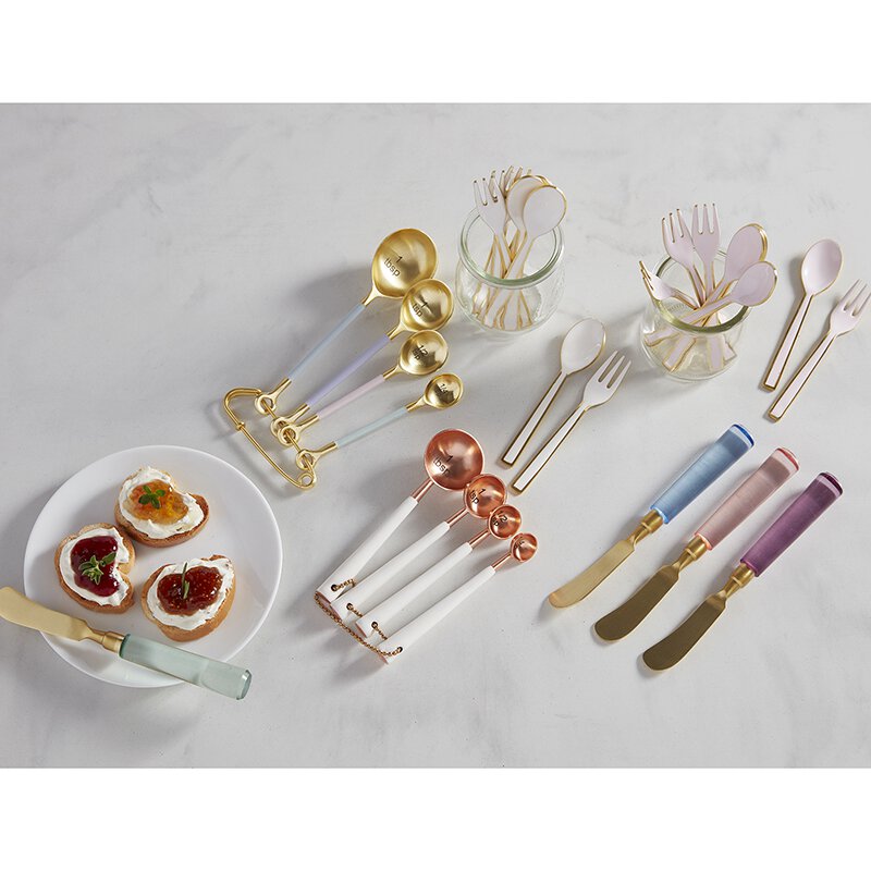 Set of 4 pink enamel dessert forks with gold edging, elegantly displayed in a gift box.